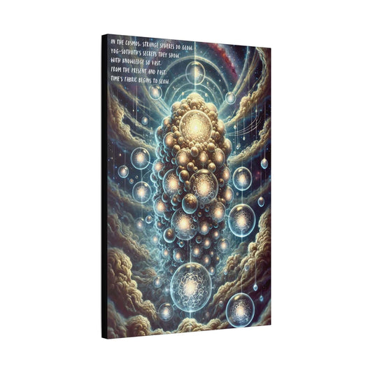 Cosmic Enigma Ethereal Yog-Sothoth Canvas Wall Art depicting glowing spheres and Lovecraftian imagery inspired by a mysterious limerick.