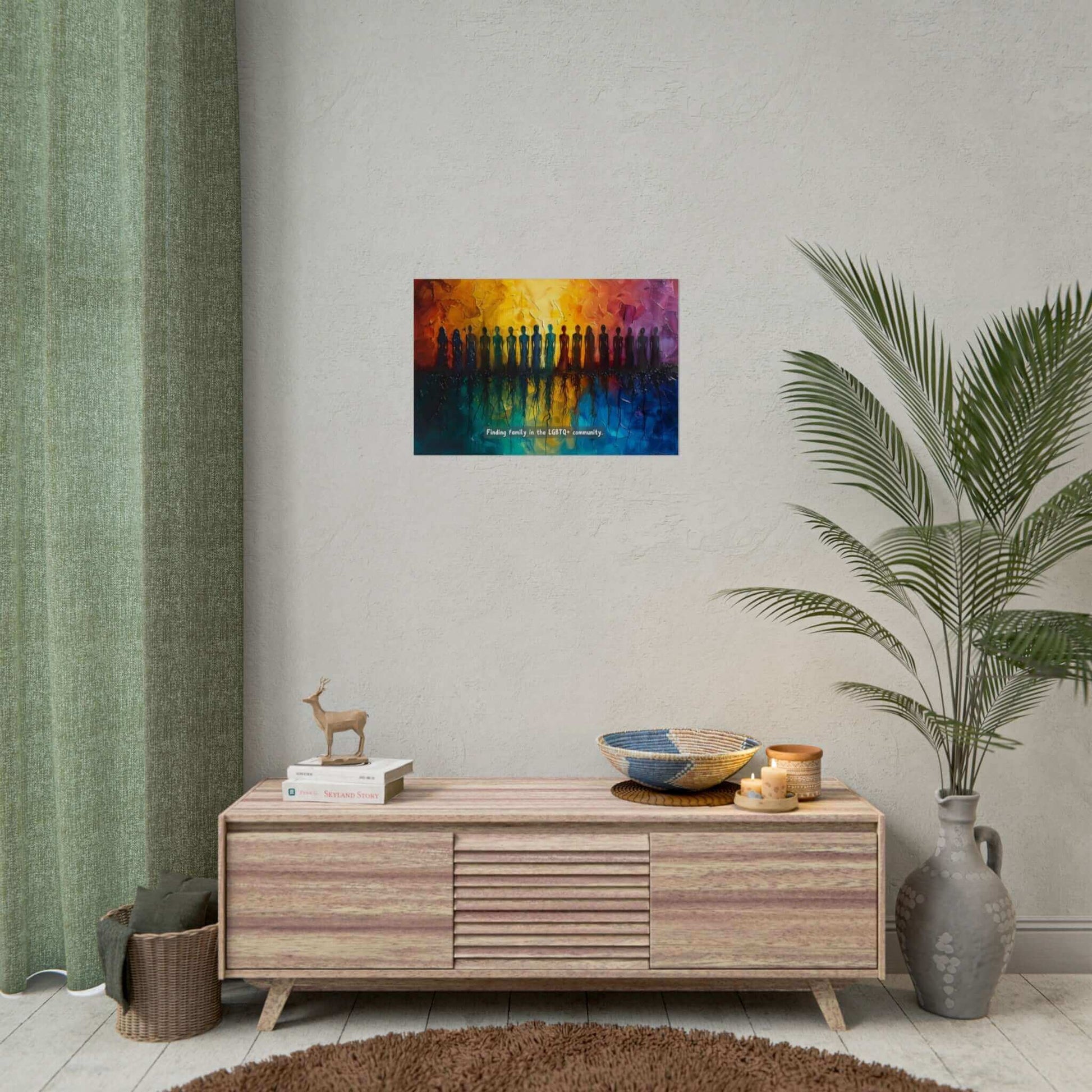 The Roots of Pride: Inspiring Gay Pride Poster Wall Art by Printify features a colorful abstract painting on fine art photo paper, depicting a diverse group of silhouetted figures standing in a line. The background transitions from warm tones of yellow and orange to cool tones of blue and purple. Text at the bottom reads, "Finding unity and pride in the LGBTQ+ community." Product code: PR-6W-005p.