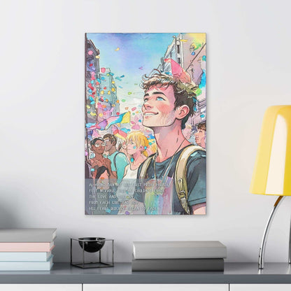 Joyful First: Vibrant Pride Parade Canvas Wall Art, Inspired by Colorful Limerick