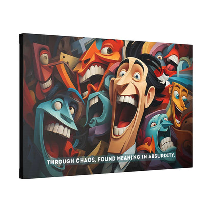 The Printify canvas wall art titled "Joyful Absurdity: Neocubist Emotive Cartoon Portraits" features a colorful, surreal depiction of animated, expressive faces with exaggerated expressions and vibrant hues. Drawing inspiration from neocubism, the piece uses these vivid colors to convey depth. Beneath the faces, text reads, "Through chaos, found meaning in absurdity.