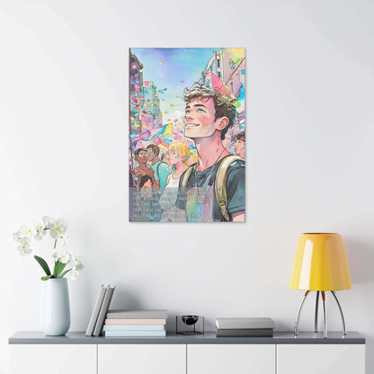 Joyful First: Vibrant Pride Parade Canvas Wall Art, Inspired by Colorful Limerick