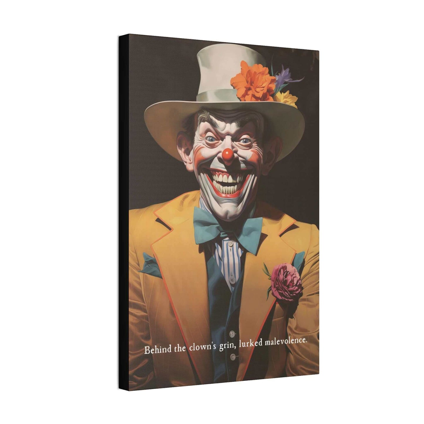 Printify's "The Sinister Grin: Vibrant Clown Canvas Wall Decor with Chilling 6-Word Story" features a sinister-looking clown dressed in a yellow suit, white and blue bow tie, and a white hat adorned with colorful flowers. The clown sports an exaggerated grin with sharp teeth, complemented by the text that reads, "Behind the clown's grin lurked hidden evil.