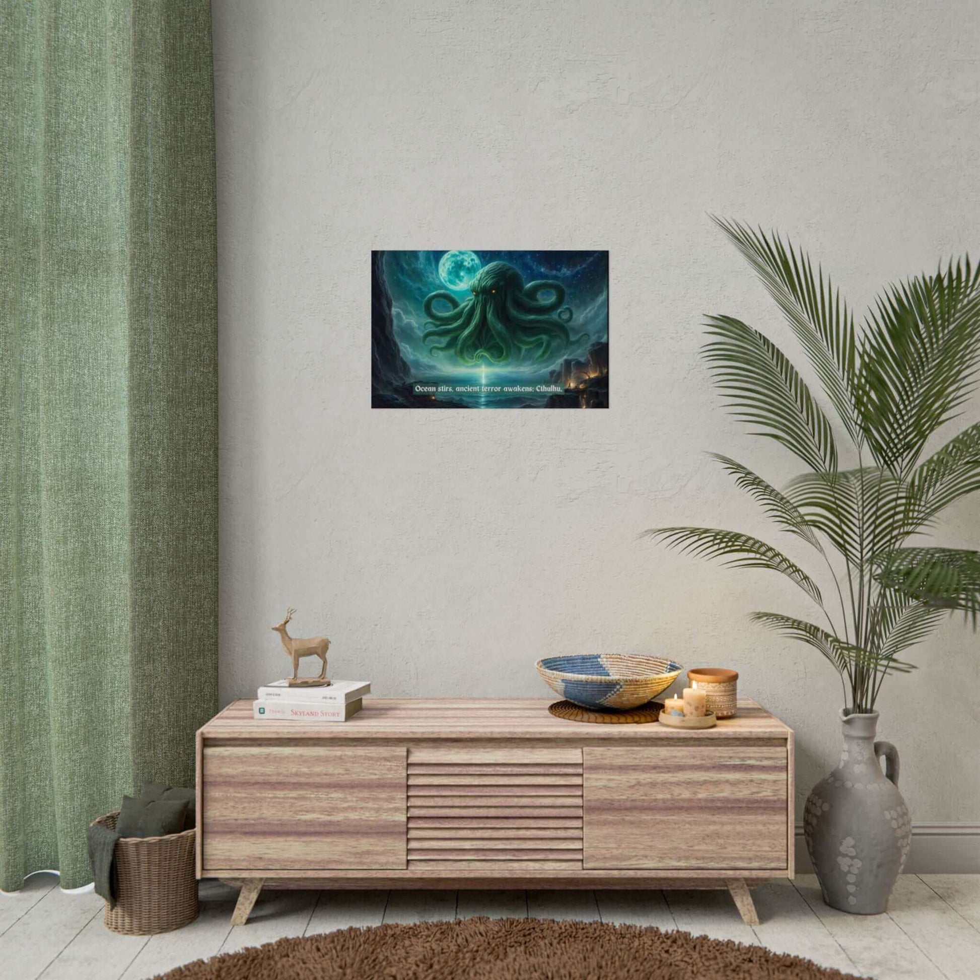 Horrifying Cthulhu Poster Wall Art Inspired by Eerie 6-Word Story displayed in modern living room setup