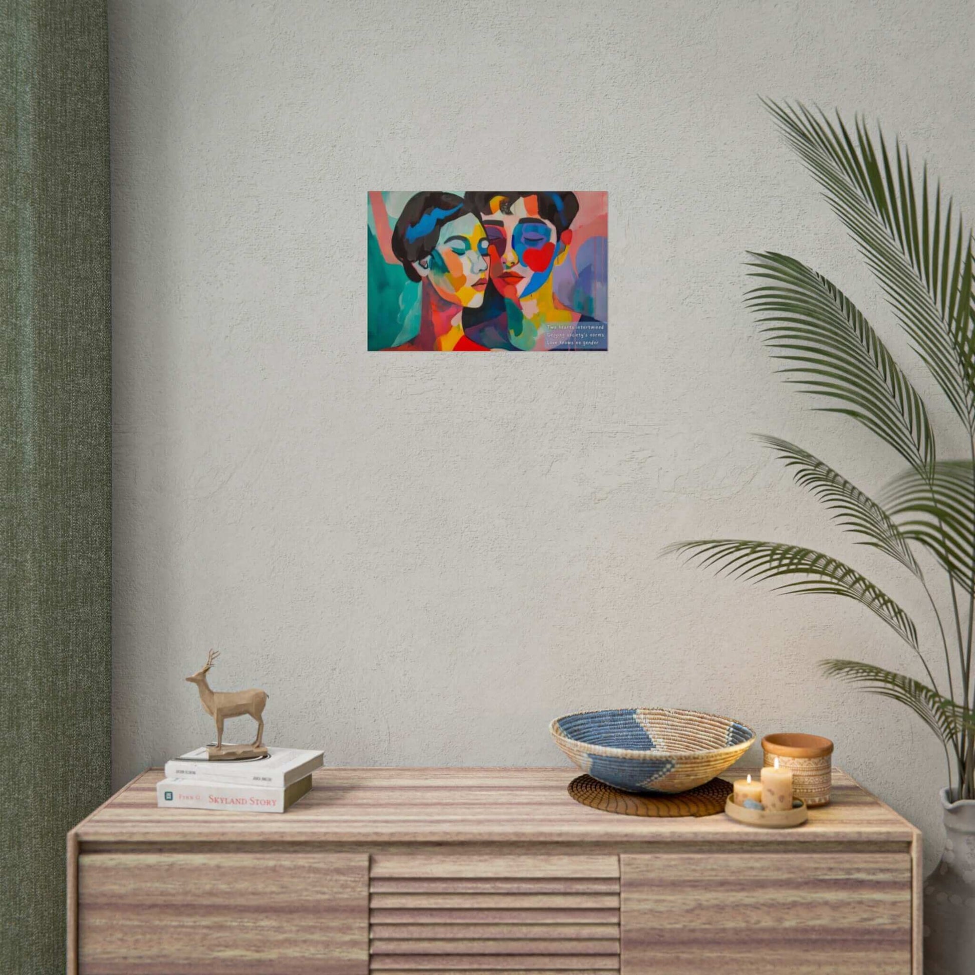 Vibrant Abstract Couple Poster "Intertwined Love" on wall, celebrating diverse love with colorful, intertwining forms inspired by an empowering haiku.