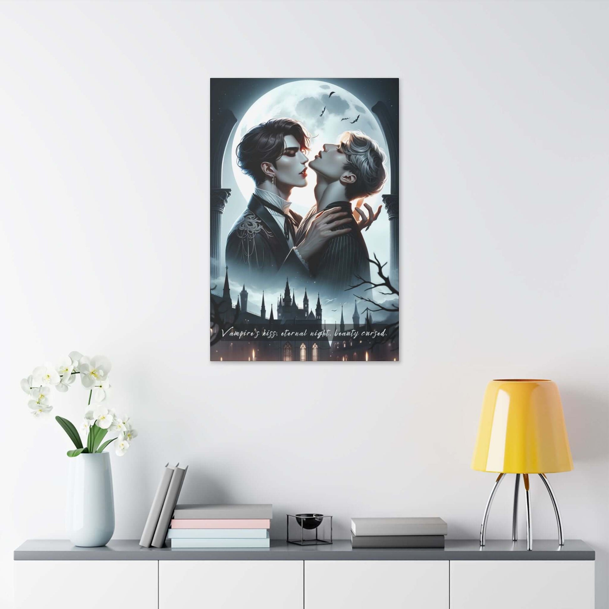 "Eternal Lovers: Gay-Pop Vampire Romance Canvas Wall Art, inspired by a six-word gothic story, depicting a vampire and human in moonlight embrace."