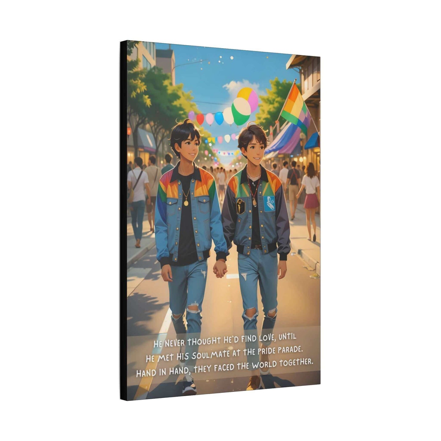 An illustration from Printify's "Soulmate Found: Joyful Gay Pride Canvas Wall Art, Inspired by Heartwarming 2-Sentence Story | PR-2S-003c" features two young men holding hands and walking at a Pride parade. They both wear blue jackets with pride flags behind them in a festive and colorful background. A caption reads, "He never thought he’d find love, until he met his soulmate within the LGBTQ+ community. Hand in hand, they faced the world together.