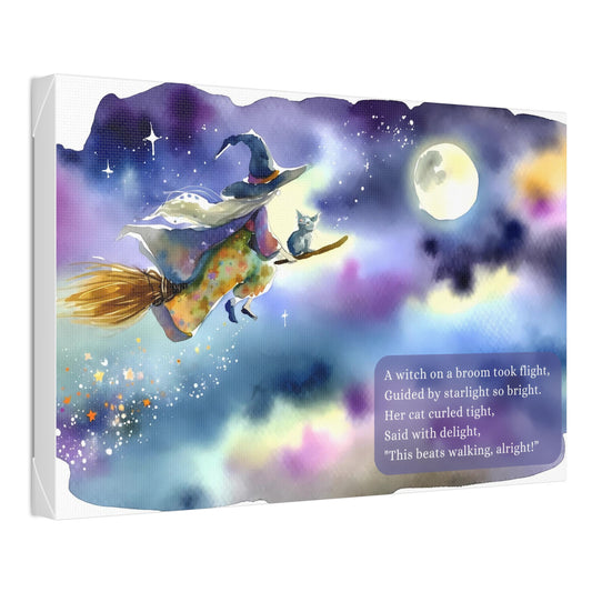 Starlit Witch's Whimsy: Enchanted Watercolor Canvas Wall Art Based on Funny Limerick | LIM-012c