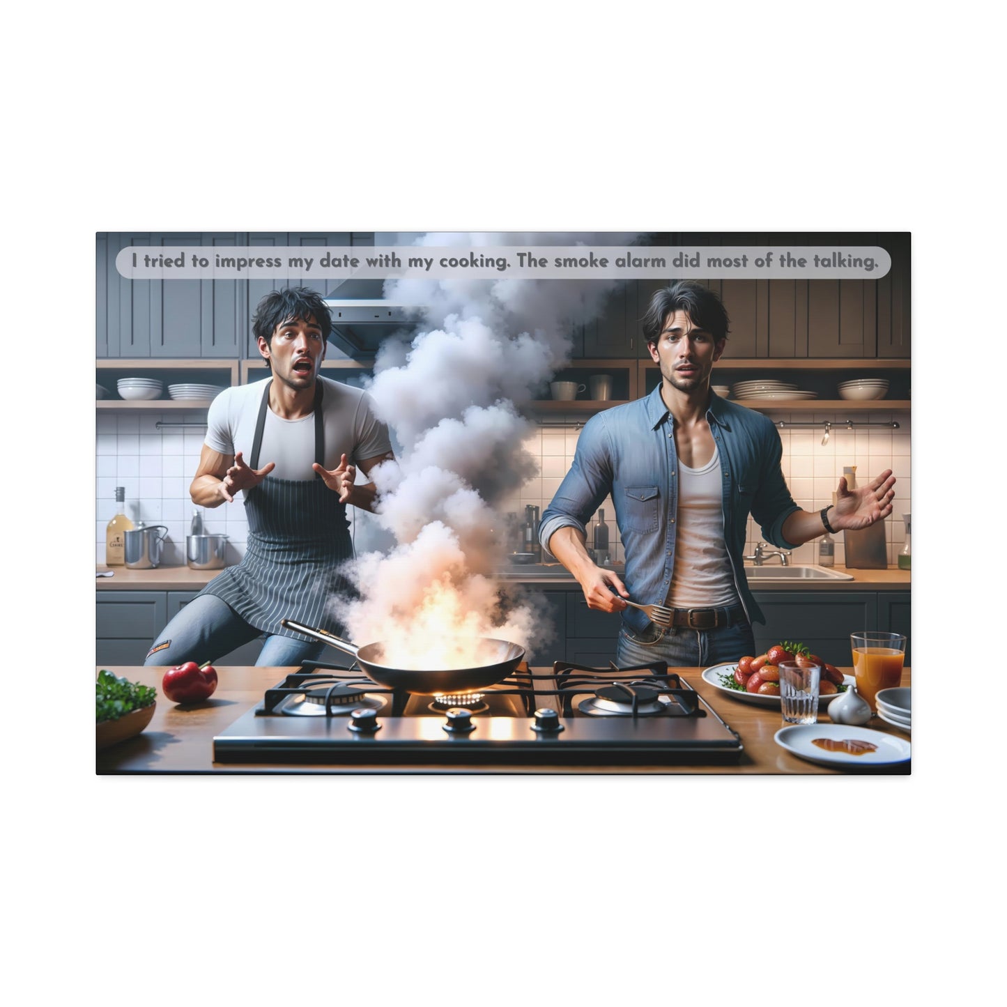 Where There's Smoke: Comedic Cooking Disaster Canvas Wall Art with Funny 2-Sentence Story | 2Sen-012c