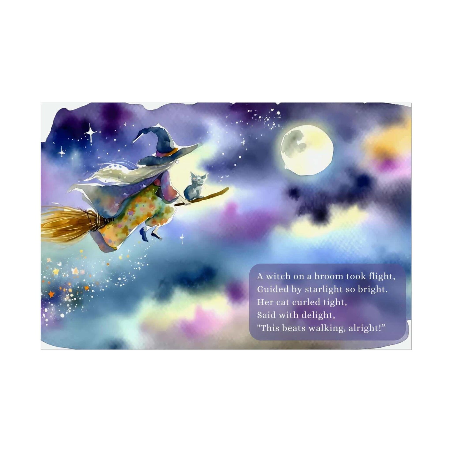 Starlit Witch's Whimsy: Enchanted Watercolor Poster Wall Art Based on Funny Limerick