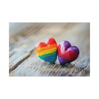 Two heart-shaped stones rest on a wooden surface. One heart features vibrant rainbow colors, while the other displays enchanting shades of purple. Overlayed text reads, "Celebrating love in all its forms." The image emanates a message of love and inclusivity, honoring diverse love within the LGBTQ+ community with Printify's "Love in All Forms: Beautiful Gay Pride Canvas Wall Art, Inspired by Heartfelt 6-Word Story | PR-6W-007c.