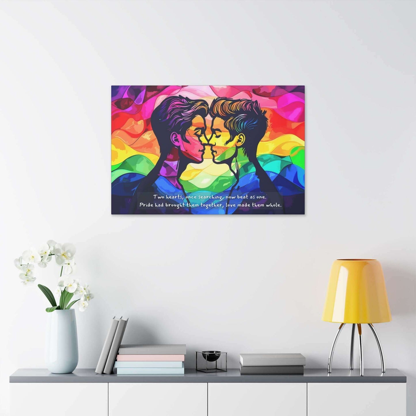 The Together as One: Vibrant Gay Pride Canvas Wall Art by Printify showcases an artistic image of two individuals facing each other with noses touching and eyes closed, set against a vibrant rainbow-colored background. Text at the bottom reads, “Two hearts, once searching, now beat as one. Pride had brought them together, love made them whole.” This heartfelt piece celebrates LGBTQ+ pride through love and unity.