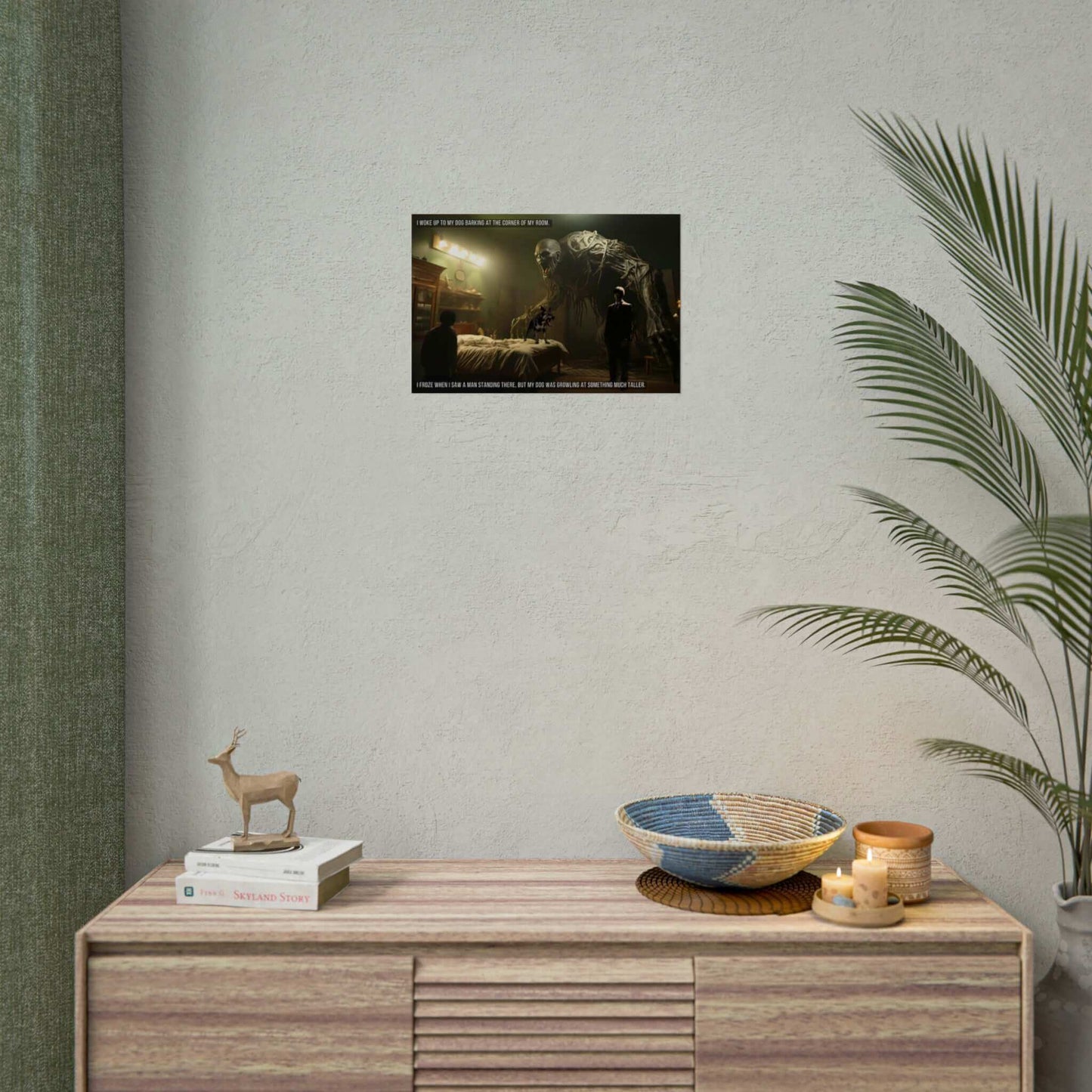 The "Unseen Threats: Supernatural Monsters Eerie Bedroom Scene Poster Wall Art with 2-Sentence Horror Story" by Printify depicts a dimly lit bedroom where a small dog barks on a bed. A person stands in front of the bed, staring at a massive, menacing monster towering over them. The text reads, "I woke up to my dog barking at the corner of my room. I froze when I saw a man standing there, but my dog was growling at something much taller—an unseen threat.