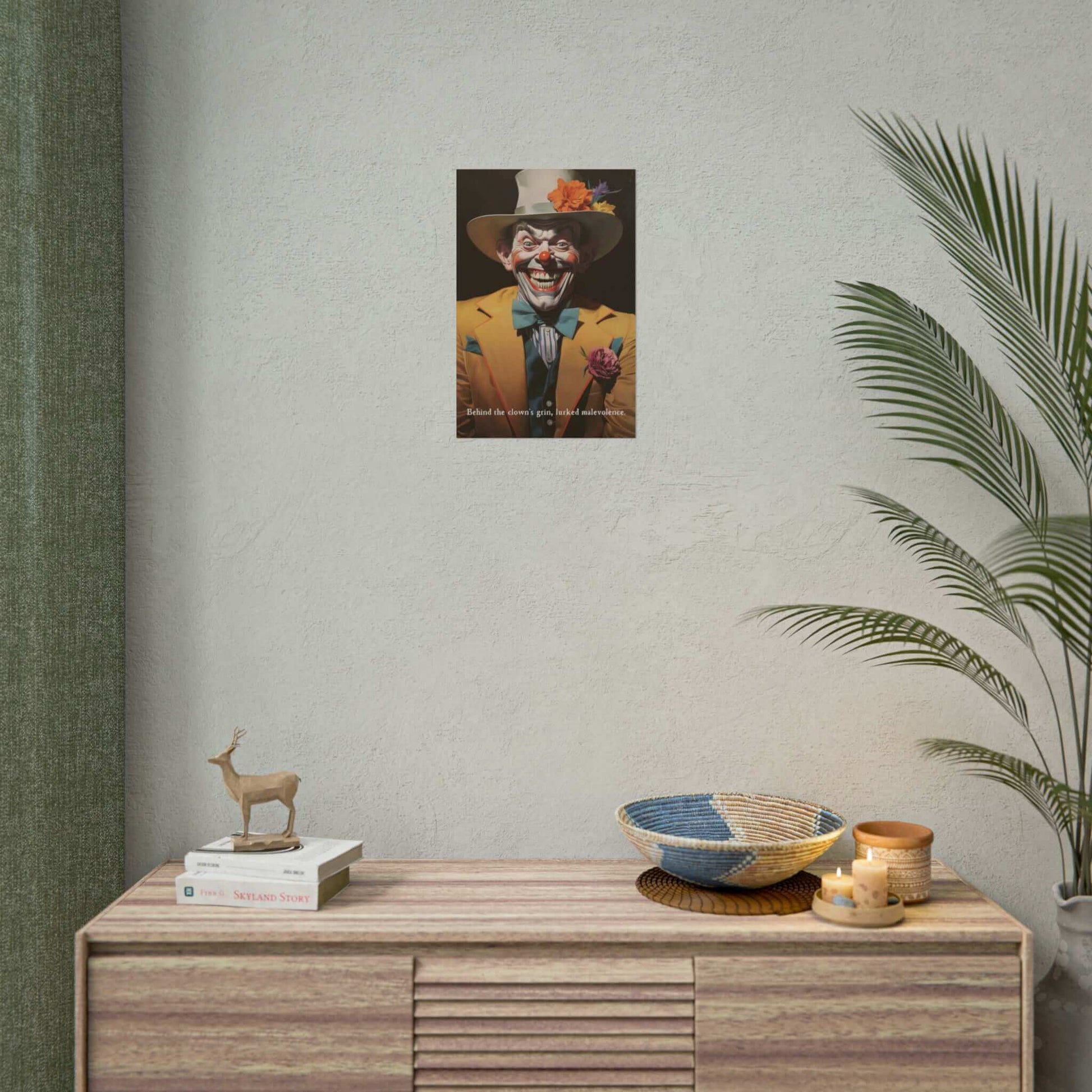 A menacing clown in a yellow suit with a red flower and blue bow tie grins widely, revealing sharp teeth. He wears a white hat adorned with orange flowers. "The Sinister Grin: Vibrant Clown Poster Wall Decor with Chilling 6-Word Story" by Printify captures the essence of lurking malevolence.