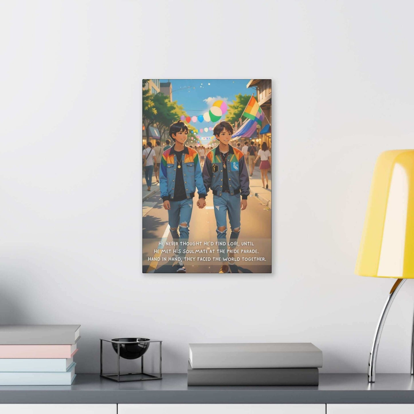 An illustration from Printify's "Soulmate Found: Joyful Gay Pride Canvas Wall Art, Inspired by Heartwarming 2-Sentence Story | PR-2S-003c" features two young men holding hands and walking at a Pride parade. They both wear blue jackets with pride flags behind them in a festive and colorful background. A caption reads, "He never thought he’d find love, until he met his soulmate within the LGBTQ+ community. Hand in hand, they faced the world together.