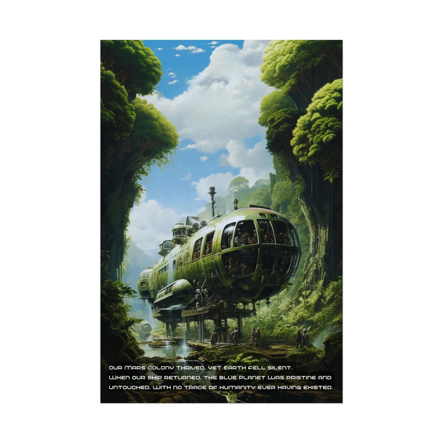 A sleek, futuristic green submarine hovers amidst a dense, lush forest brimming with tall trees and vibrant foliage. Its design contrasts sharply with the natural landscape, invoking steampunk artwork. The caption beneath reads, "Our Mars colony thrived, yet Earth fell silent. Untouched. No trace of humanity." Discover this striking imagery in "Return to Silence: Sci-Fi Spaceship Poster Wall Art with Poignant 2-Sentence Story" by Printify.
