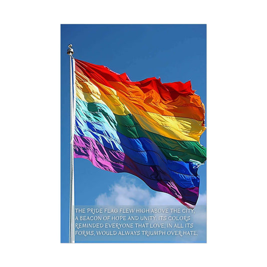 The Inspiring Gay Pride Poster Wall Art by Printify showcases a vividly colored pride flag against a serene blue sky. The flag's vibrant and distinct colors are eye-catching. Beneath the illustration, text reads: "The pride flag flew high above the city, a beacon of hope and unity for the LGBTQ+ community. Its colors reminded everyone that love, in all its forms, would always triumph over hate.