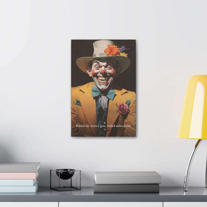 Printify's "The Sinister Grin: Vibrant Clown Canvas Wall Decor with Chilling 6-Word Story" features a sinister-looking clown dressed in a yellow suit, white and blue bow tie, and a white hat adorned with colorful flowers. The clown sports an exaggerated grin with sharp teeth, complemented by the text that reads, "Behind the clown's grin lurked hidden evil.