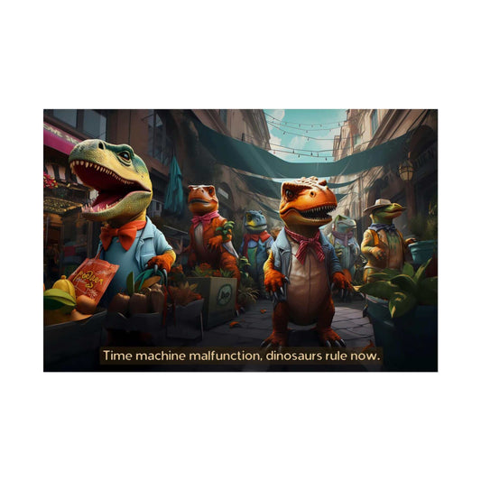 A bustling city market scene features animated dinosaurs in business attire, busily walking and shopping among contemporary stalls. The caption reads, "Time machine malfunction, dinosaurs rule now." This hyper-realistic artwork by Printify creates a surreal and whimsical atmosphere of a Modern Mesozoic era. Presenting the "Modern Mesozoic: Alternative Timeline Dinosaurs Go Shopping Poster Wall Art with 6-word story.