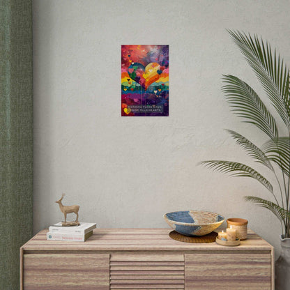 A vibrant art piece from Printify, titled "Hearts of Pride: Colorful Gay Pride Poster Wall Art, Inspired by Joyful 6-Word Story | PR-6W-009p," showcases a large rainbow heart surrounded by smaller multicolored hearts. The background bursts with shades of red, orange, yellow, green, blue, and purple. At the bottom is the text: "RAINBOW FLAGS WAVE, HEARTS OF PRIDE.