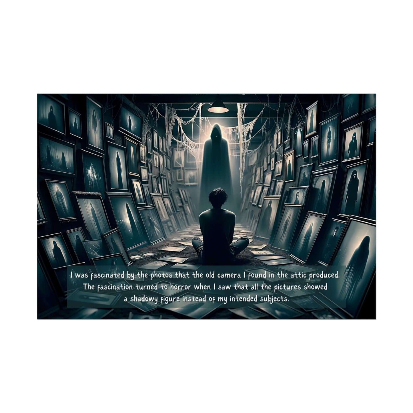 Gothic horror poster wall art featuring a shadowy figure in a dimly lit attic filled with eerie framed photographs and an enigmatic sentence.