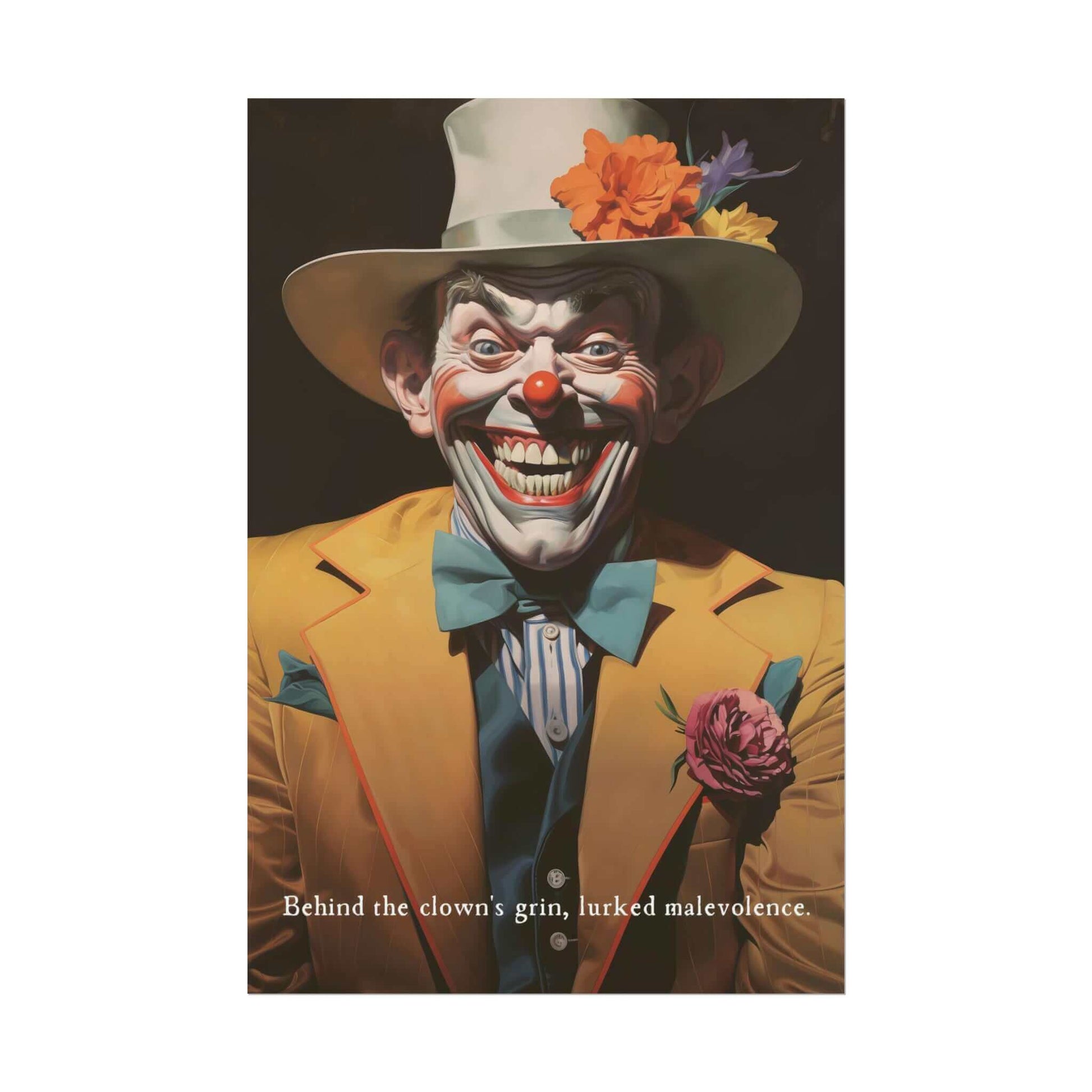 A menacing clown in a yellow suit with a red flower and blue bow tie grins widely, revealing sharp teeth. He wears a white hat adorned with orange flowers. "The Sinister Grin: Vibrant Clown Poster Wall Decor with Chilling 6-Word Story" by Printify captures the essence of lurking malevolence.