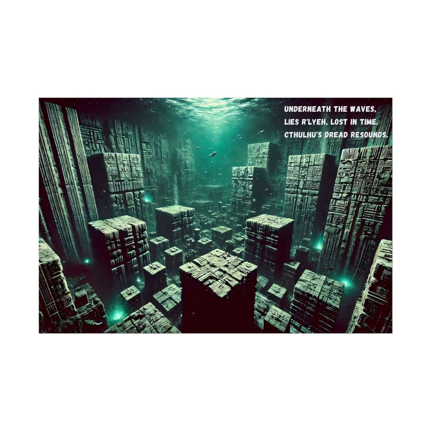 Submerged R’lyeh deep-sea haiku poster with cyclopean structures beneath the ocean, evoking Cthulhu's haunting presence.