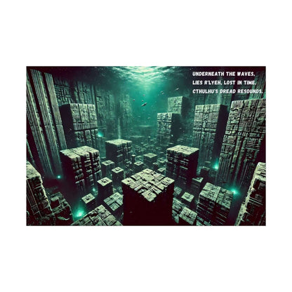 Submerged R’lyeh deep-sea haiku poster with cyclopean structures beneath the ocean, evoking Cthulhu's haunting presence.