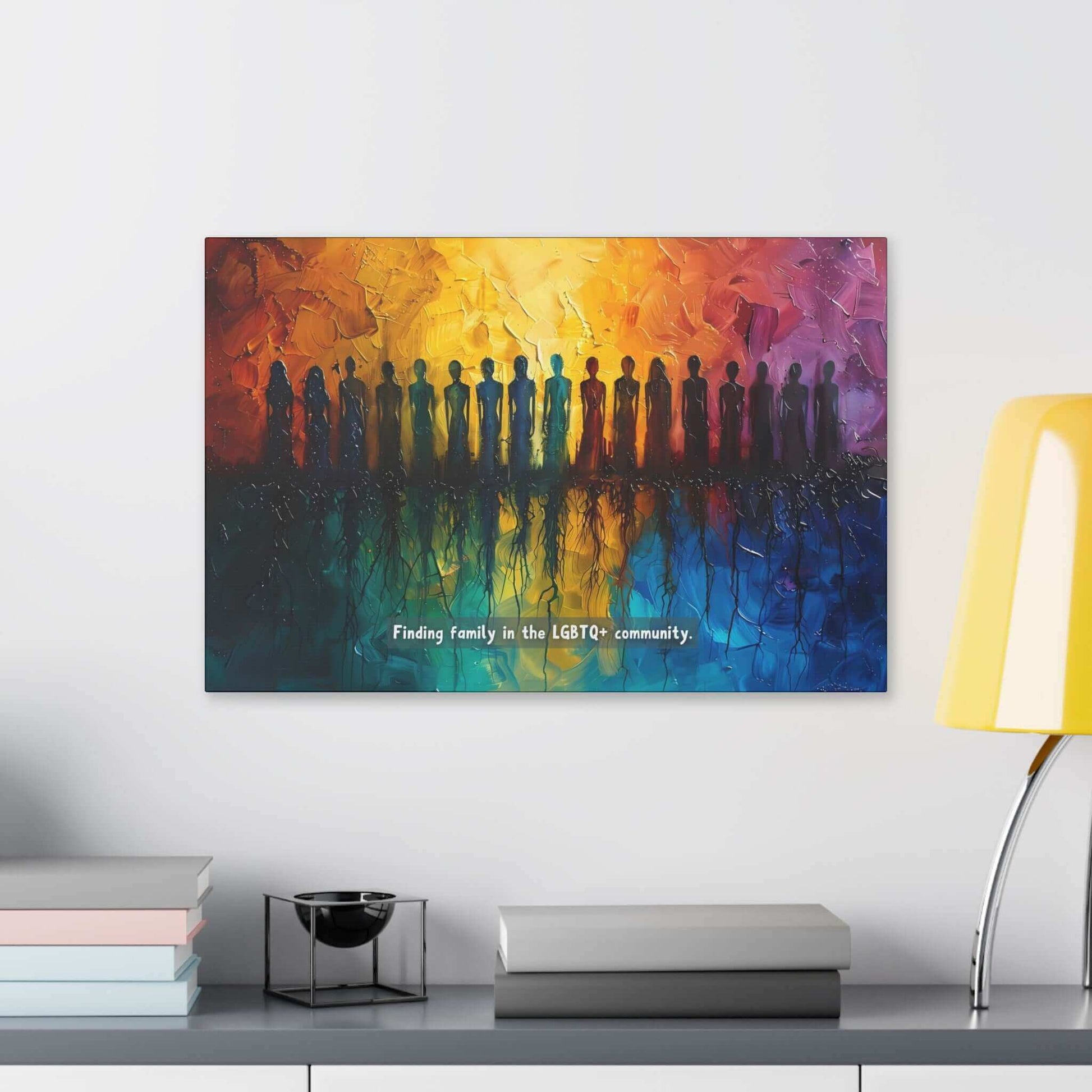 A vivid canvas from Printify, titled "Roots of Pride: Inspiring Gay Pride Canvas Wall Art," depicts a diverse group of silhouetted figures standing in a row. The background transitions seamlessly from warm oranges and yellows to cool blues, reflecting the figures below. Text reads: "Finding unity and pride in the LGBTQ+ community.