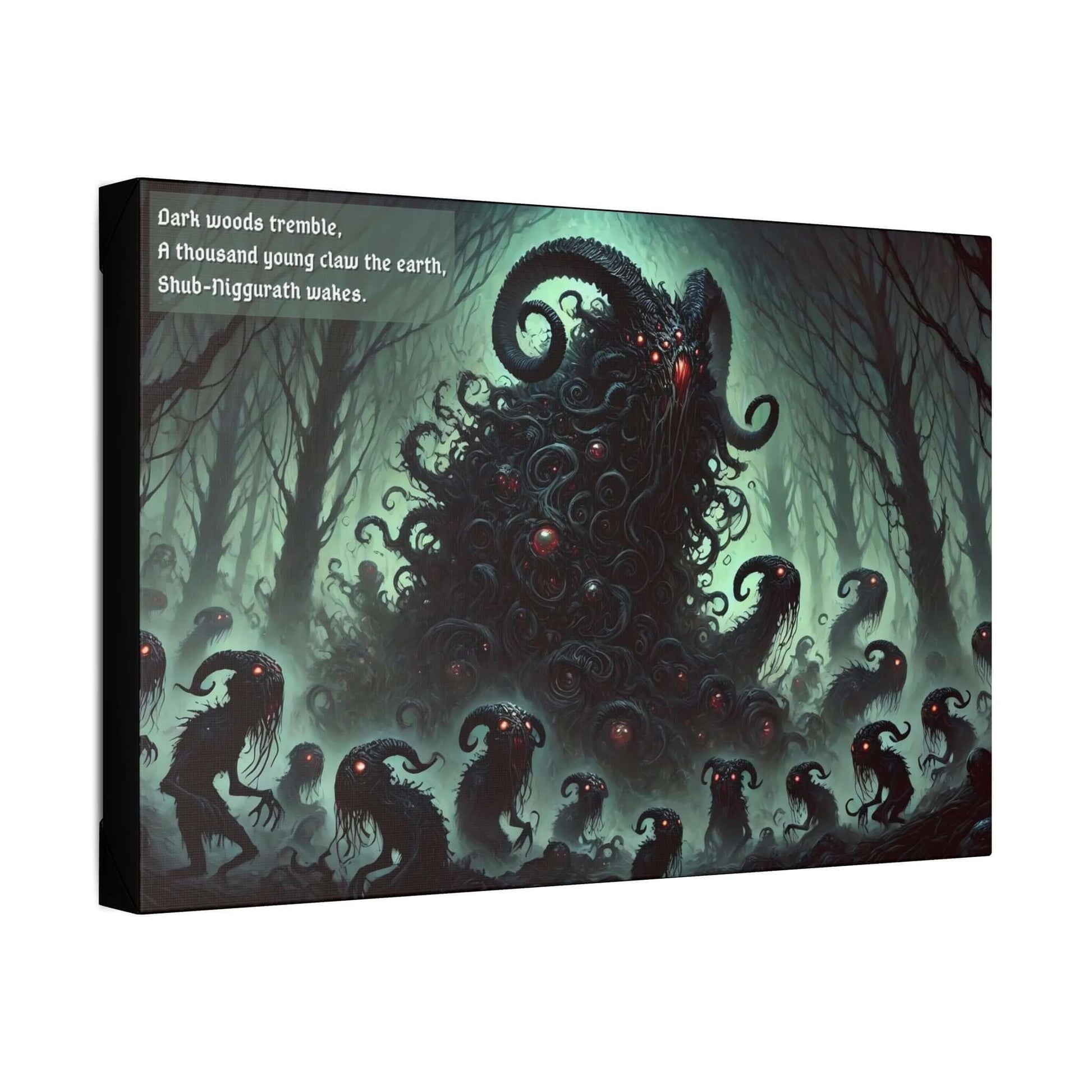 Dark Lovecraft Horror Canvas Wall Art with Shub-Niggurath rising in twisted, dark woods surrounded by clawing terrors under a pale green sky