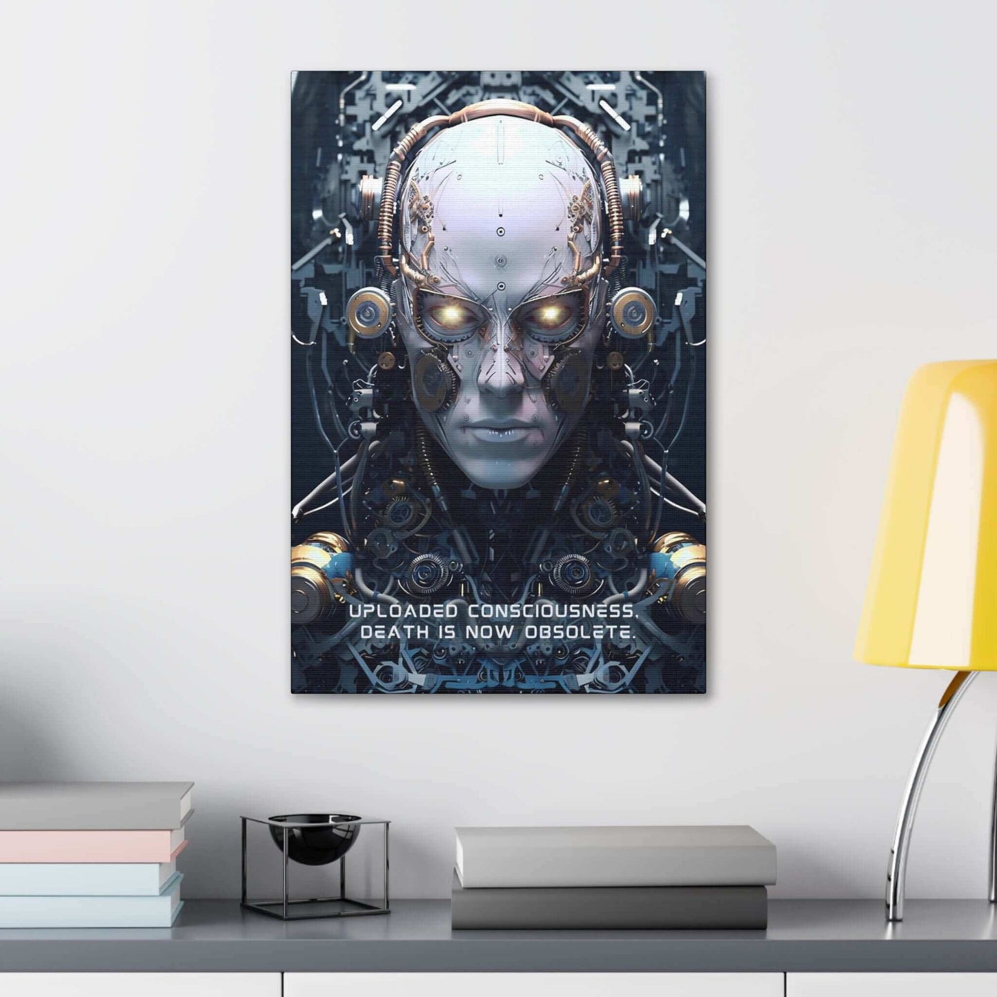 Printify's "Eternal Dawn: Hyper-Detailed Robot Canvas Wall Art with Thought-Provoking 6-Word Story" features a digital artwork depicting a humanoid robot with glowing eyes, intricate mechanical components, and wires surrounding its head. The text at the bottom reads, "Uploaded Consciousness. Death is Now Obsolete." The background showcases a complex, futuristic design.