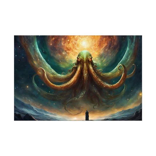 A towering cosmic creature with multiple tentacles looms against a vibrant, swirling galaxy in the Cthulhu's Witness: Lovecraftian Night Sky Horror Poster Wall Art by Printify. A small, silhouetted figure at the bottom gazes up at the creature, evoking a sense of awe and insignificance reminiscent of Necronomicon illustrations.