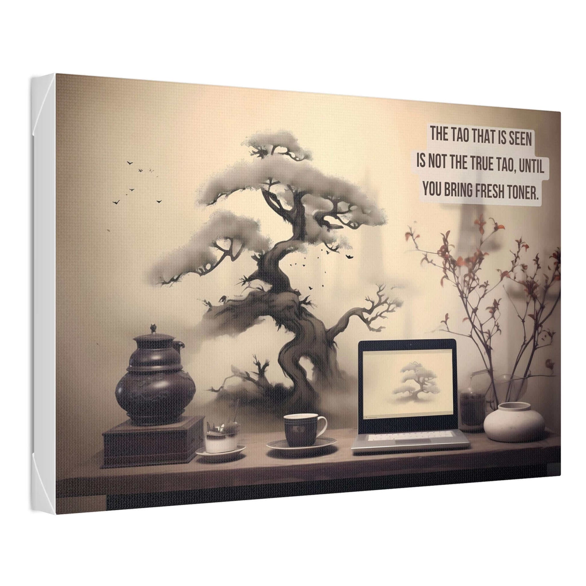 A minimalist desk features a laptop displaying an image of a bonsai tree, surrounded by tea sets and vases with branches. Adding a touch of Taoist philosophy to the space is the Asian-Inspired Canvas Wall Art with Bonsai & Clever Haiku from Printify, featuring a poem that reads “The Tao that is seen is not the true Tao, until you bring fresh toner.”