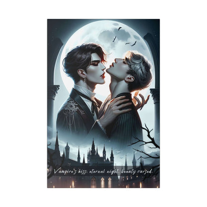 "Eternal Lovers: Gay-Pop Vampire Romance Canvas Wall Art depicting a tender moment under moonlight, inspired by a 6-word Gothic story."