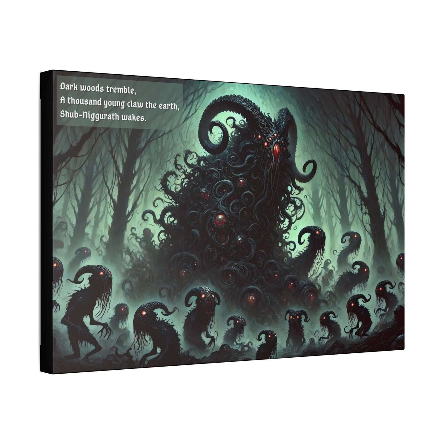 Dark Lovecraft horror canvas wall art featuring Shub-Niggurath and her thousand young in twisted woods under a pale green sky with haunting haiku.