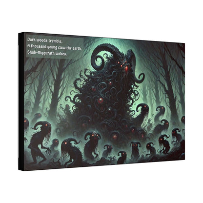 Dark Lovecraft horror canvas wall art featuring Shub-Niggurath and her thousand young in twisted woods under a pale green sky with haunting haiku.