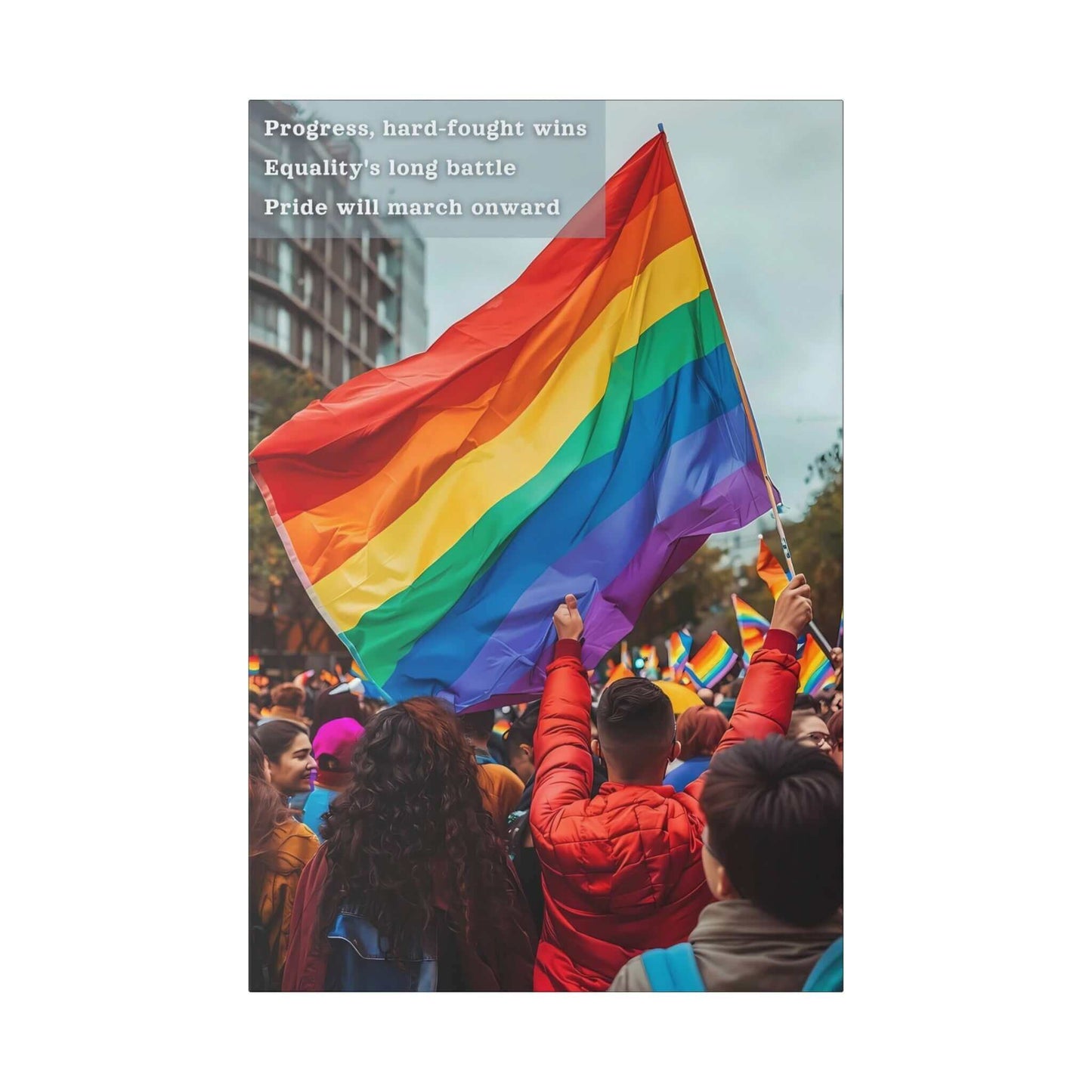 Individuals waving rainbow flags at a Pride parade, celebrating progress and equality - March Onward Canvas Wall Art