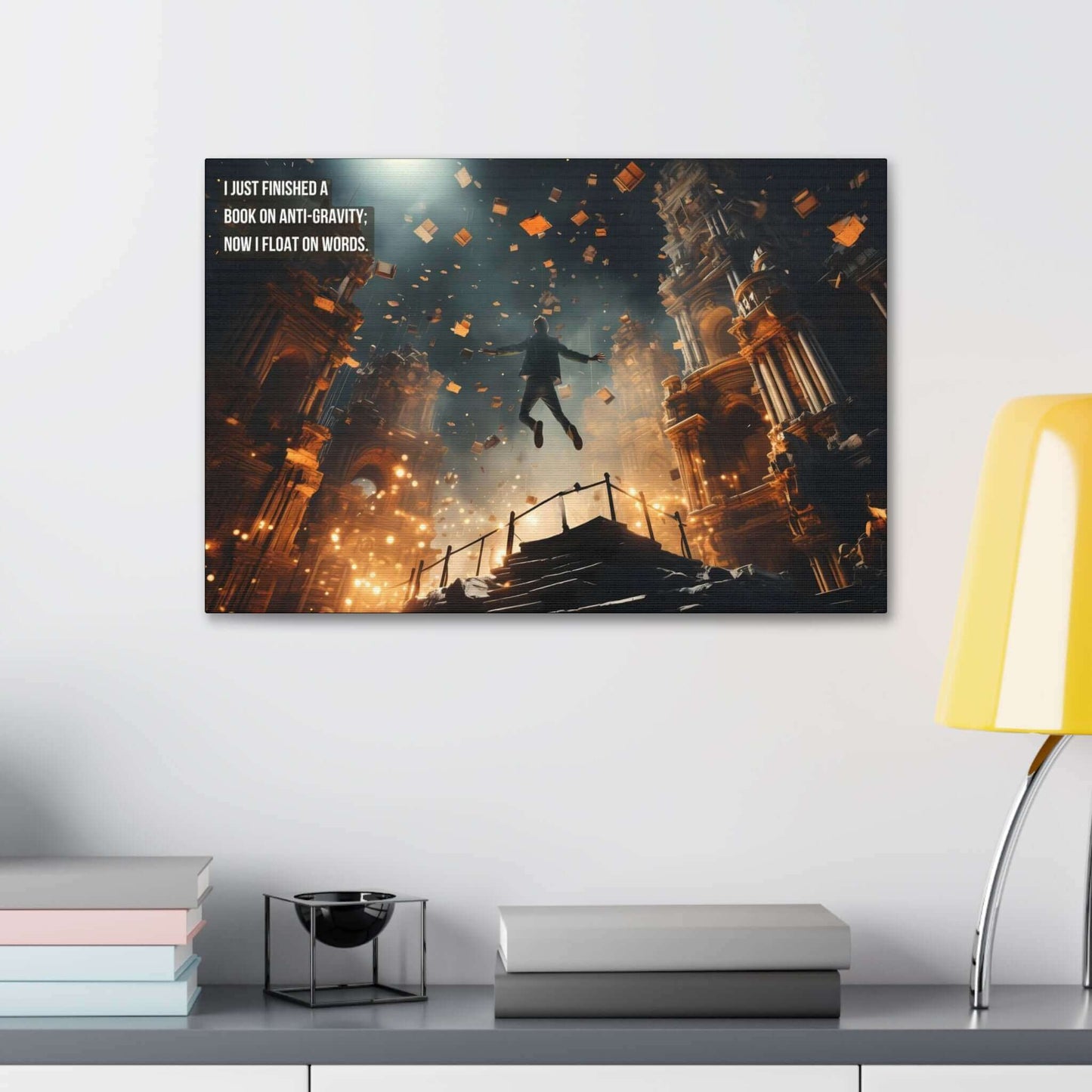 Floating in Knowledge: Whimsical Fantasy Canvas Wall Art Library Scene with Clever Haiku