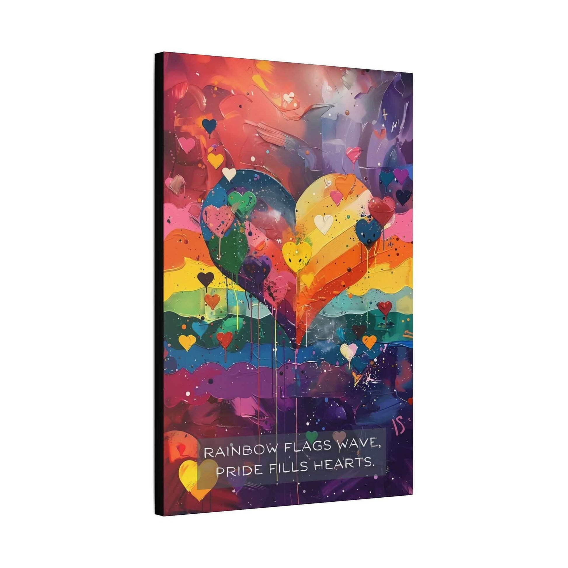 Introducing Printify's Hearts of Pride: Colorful Gay Pride Canvas Wall Art (PR-6W-009c), inspired by a joyful 6-word story. This vibrant artwork features a large heart with rainbow colors surrounded by numerous smaller hearts. The background is an abstract blend of lively hues, and the text at the bottom reads, "RAINBOW FLAGS WAVE, PRIDE FILLS HEARTS," encapsulating the love and unity of the LGBTQ+ community.