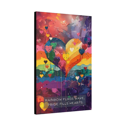 Introducing Printify's Hearts of Pride: Colorful Gay Pride Canvas Wall Art (PR-6W-009c), inspired by a joyful 6-word story. This vibrant artwork features a large heart with rainbow colors surrounded by numerous smaller hearts. The background is an abstract blend of lively hues, and the text at the bottom reads, "RAINBOW FLAGS WAVE, PRIDE FILLS HEARTS," encapsulating the love and unity of the LGBTQ+ community.