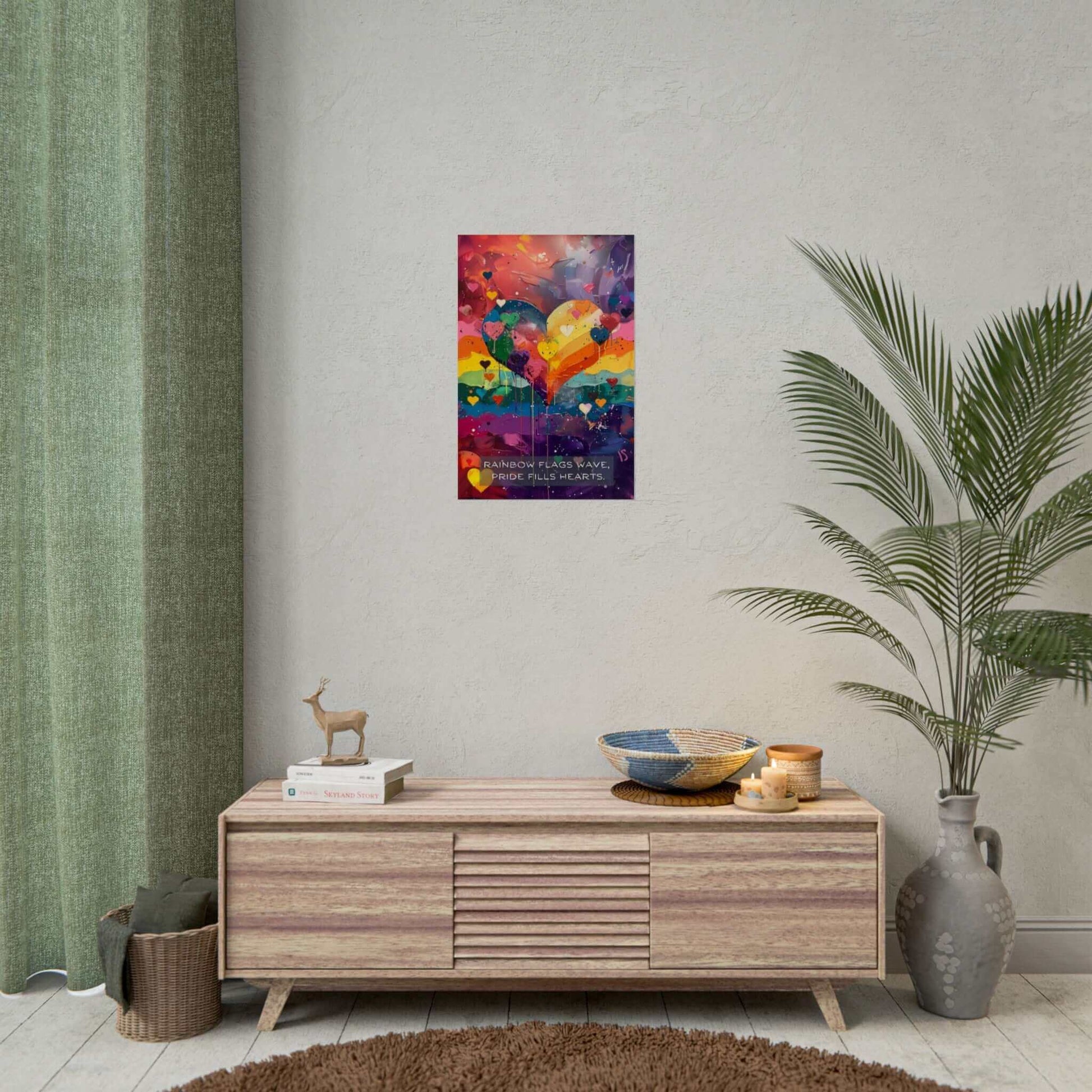 A vibrant art piece from Printify, titled "Hearts of Pride: Colorful Gay Pride Poster Wall Art, Inspired by Joyful 6-Word Story | PR-6W-009p," showcases a large rainbow heart surrounded by smaller multicolored hearts. The background bursts with shades of red, orange, yellow, green, blue, and purple. At the bottom is the text: "RAINBOW FLAGS WAVE, HEARTS OF PRIDE.