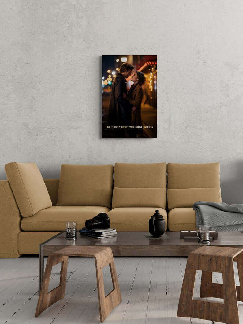 A couple stands close, smiling at each other on a dimly lit street with colorful blurred lights in the background. They appear to be sharing a tender moment, reminiscent of an urban love painting. The text at the bottom reads, "Lonely street. Strangers' smile. Instant connection." This scene is beautifully captured in Printify's "Strangers' Connection: Romantic Canvas Wall Art with 6-Word Love Story.