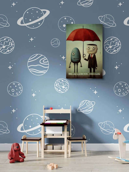 A whimsical canvas wall art by Printify titled "Smiling Through the Rain: Whimsical Canvas Wall Art with Positive 6-Word Story," featuring two cartoon characters standing under a red umbrella. An egg-shaped blue figure with one leg smiles beside a man in a suit and tie holding the umbrella. The text reads, "Smiling Through the Rain. Umbrella broke. Smiled anyway.