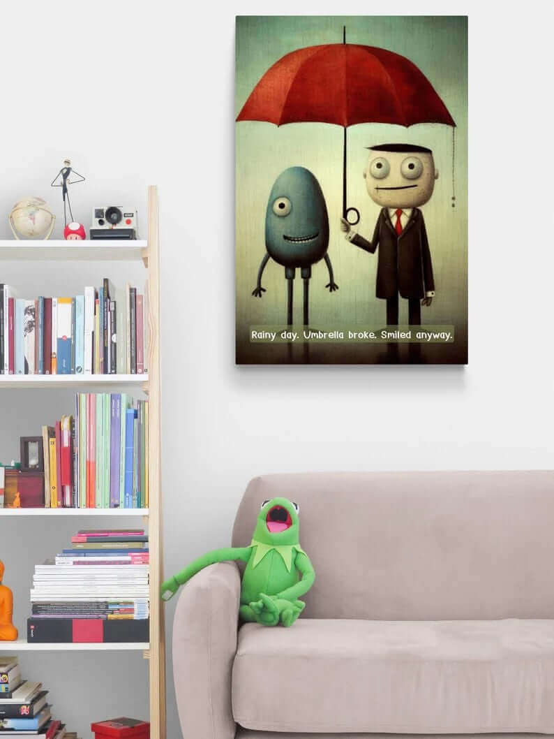 A whimsical canvas wall art by Printify titled "Smiling Through the Rain: Whimsical Canvas Wall Art with Positive 6-Word Story," featuring two cartoon characters standing under a red umbrella. An egg-shaped blue figure with one leg smiles beside a man in a suit and tie holding the umbrella. The text reads, "Smiling Through the Rain. Umbrella broke. Smiled anyway.