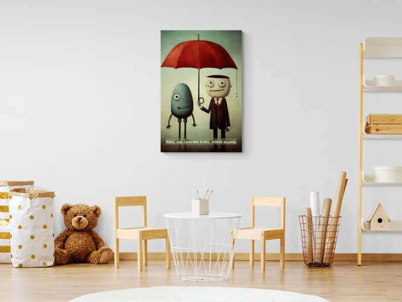 A whimsical canvas wall art by Printify titled "Smiling Through the Rain: Whimsical Canvas Wall Art with Positive 6-Word Story," featuring two cartoon characters standing under a red umbrella. An egg-shaped blue figure with one leg smiles beside a man in a suit and tie holding the umbrella. The text reads, "Smiling Through the Rain. Umbrella broke. Smiled anyway.