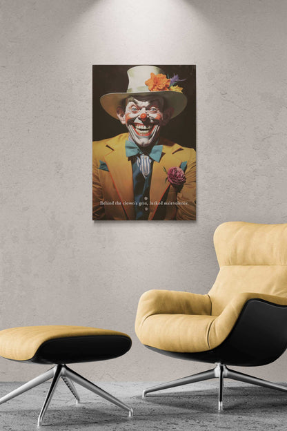 Printify's "The Sinister Grin: Vibrant Clown Canvas Wall Decor with Chilling 6-Word Story" features a sinister-looking clown dressed in a yellow suit, white and blue bow tie, and a white hat adorned with colorful flowers. The clown sports an exaggerated grin with sharp teeth, complemented by the text that reads, "Behind the clown's grin lurked hidden evil.