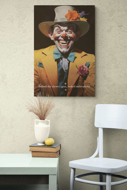 Printify's "The Sinister Grin: Vibrant Clown Canvas Wall Decor with Chilling 6-Word Story" features a sinister-looking clown dressed in a yellow suit, white and blue bow tie, and a white hat adorned with colorful flowers. The clown sports an exaggerated grin with sharp teeth, complemented by the text that reads, "Behind the clown's grin lurked hidden evil.