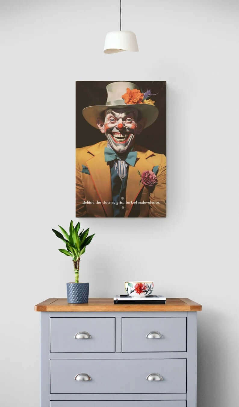 Printify's "The Sinister Grin: Vibrant Clown Canvas Wall Decor with Chilling 6-Word Story" features a sinister-looking clown dressed in a yellow suit, white and blue bow tie, and a white hat adorned with colorful flowers. The clown sports an exaggerated grin with sharp teeth, complemented by the text that reads, "Behind the clown's grin lurked hidden evil.