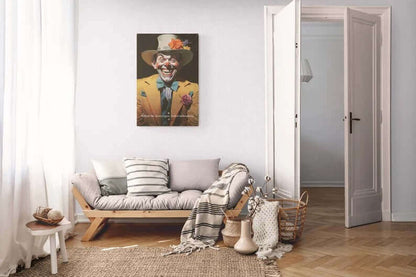 Printify's "The Sinister Grin: Vibrant Clown Canvas Wall Decor with Chilling 6-Word Story" features a sinister-looking clown dressed in a yellow suit, white and blue bow tie, and a white hat adorned with colorful flowers. The clown sports an exaggerated grin with sharp teeth, complemented by the text that reads, "Behind the clown's grin lurked hidden evil.