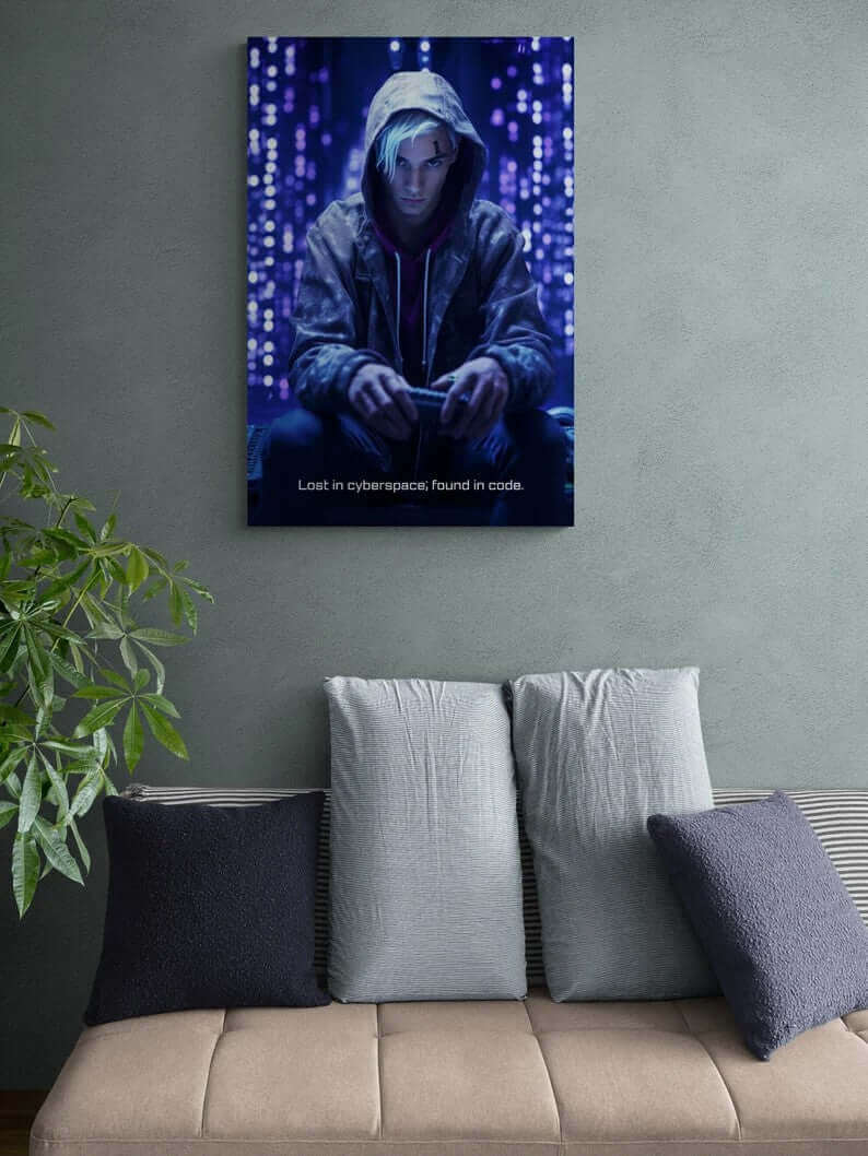 A young person with white hair, wearing a hooded jacket, intently focuses on a handheld device against a backdrop of glowing digital lights. The text at the bottom reads, "Lost in cyberspace; found in code." This Cyberpunk Poster Wall Art titled 'Cyberspace Epiphany' by Printify exquisitely captures the essence of futuristic technology.