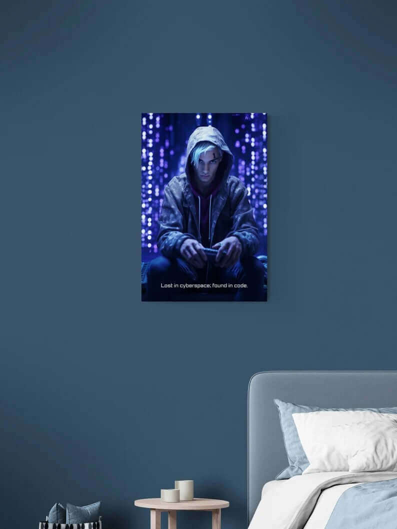 A young person with white hair, wearing a hooded jacket, intently focuses on a handheld device against a backdrop of glowing digital lights. The text at the bottom reads, "Lost in cyberspace; found in code." This Cyberpunk Poster Wall Art titled 'Cyberspace Epiphany' by Printify exquisitely captures the essence of futuristic technology.